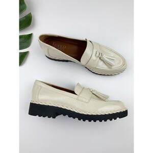 Franco Sarto Carolynn Tassel Loafers Cream Crinkle Slip On Shoes Women's 9